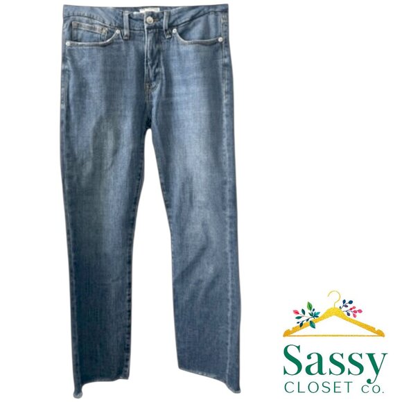 Good American Denim - Good American High Rise Straight Jeans Indigo032 Frayed Hem NWOT Size 6